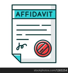 Confirmed affidavit RGB color icon. Signed notarized document. Apostille and legalization. Written statement. Declaration. Legal paper. Notary services. Isolated vector illustration