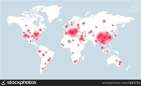 Confirmed cases of Covid-19 on world map. Infographic information, statistic virus disease on earth, vector infect global background illustration. Confirmed cases of Covid-19 on world map. Infographic information
