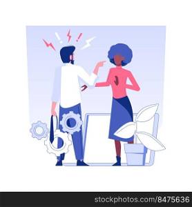 Conflict at a workplace isolated concept vector illustration. Colleagues quarreling, conflict between employees, HR management, human resource, headhunting agency, pursue career vector concept.. Conflict at a workplace isolated concept vector illustration.