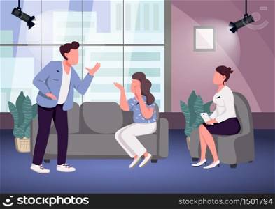 Conflict at talk show flat color vector illustration. Chat show host and arguing guests 2D cartoon characters with studio on background. Problem at TV studio. Couple quarreling on public. Conflict at talk show flat color vector illustration