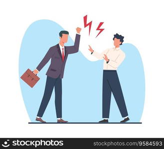 Conflict between boss and an employee, between two company managers. Man yelling at upset worker. Firing sad clerk. Stressful office situation. Cartoon flat style isolated illustration. Vector concept. Conflict between boss and an employee, between two company managers. Man yelling at upset worker. Firing sad clerk. Stressful office situation. Cartoon flat style isolated vector concept