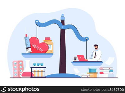 Conflict between health and work of employee on unbalanced scale. Comparison of healthy life of person and office career flat vector illustration. Responsibility for health, medical insurance concept. Conflict between health and work of employee on unbalanced scale