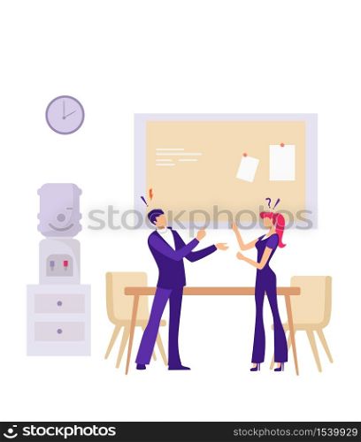 Conflict between office workers illustration. Negative attitude inteam nervous manager aggressively argues with employee gossip and discrimination in team bullying and vector hatred at work.. Conflict between office workers illustration. Negative attitude inteam nervous manager aggressively argues with employee.