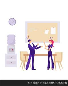 Conflict between office workers illustration. Negative attitude inteam nervous manager aggressively argues with employee gossip and discrimination in team bullying and vector hatred at work.. Conflict between office workers illustration. Negative attitude inteam nervous manager aggressively argues with employee.