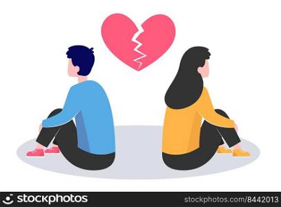 Conflict in couple. Young man and woman turning their back on under broken heart flat vector illustration. Breakup, heartbreak, split up concept for banner, website design or landing web page