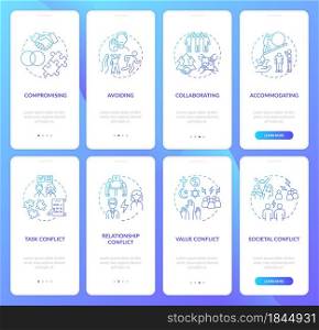 Conflict management blue gradient onboarding mobile app page screen set. Relations walkthrough 4 steps graphic instructions with concepts. UI, UX, GUI vector template with linear color illustrations. Conflict management blue gradient onboarding mobile app page screen set