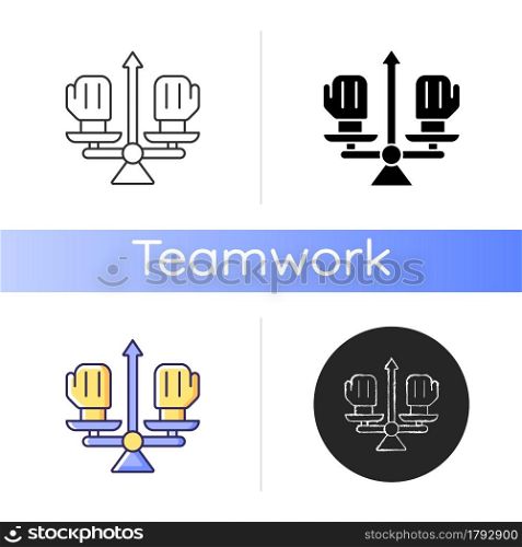 Conflict management icon. Professional conflict resolution. Avoid confrontation and arguing on workplace. Find compromise. Linear black and RGB color styles. Isolated vector illustrations. Conflict management icon