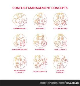 Conflict management red gradient concept icons set. Solving relationship issues. Work relations. Resolving team arguments idea thin line color illustrations. Vector isolated outline drawings. Conflict management red gradient concept icons set