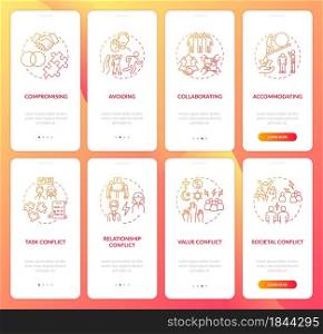 Conflict management red onboarding mobile app page screen set. Work relations walkthrough 4 steps graphic instructions with concepts. UI, UX, GUI vector template with linear color illustrations. Conflict management red onboarding mobile app page screen set