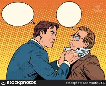 Conflict men fight quarrel businessman pop art retro style. Emotions and crime. The customer and the businessman with bubbles for text. Conflict men fight quarrel businessman