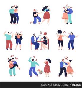 Conflict relationship. People violence, unhappy woman with angry partner. Couple in love, cartoon wife scolding husband decent vector set. Family conflict and arguing, love and dating illustration. Conflict relationship. People violence, unhappy woman with angry partner. Couple in love, cartoon wife scolding husband decent vector set