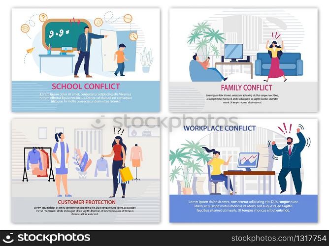 Conflict Situation in Daily Life Landing Page Set. Work, Family, School, Shop Problems. Quarreling between Coworkers, Wife and Husband, Seller and Customer, Teacher and Pupils. VEctor Illustration. Conflict Situation in Daily Life Landing Page Set