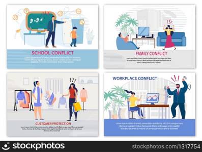 Conflict Situation in Daily Life Landing Page Set. Work, Family, School, Shop Problems. Quarreling between Coworkers, Wife and Husband, Seller and Customer, Teacher and Pupils. VEctor Illustration. Conflict Situation in Daily Life Landing Page Set
