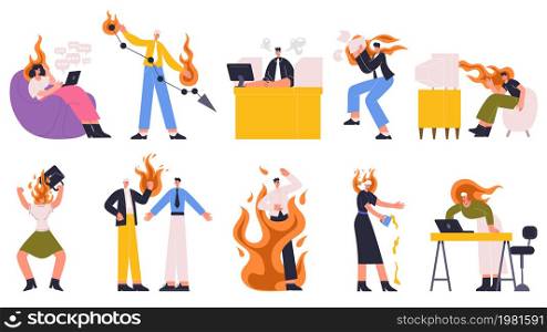 Conflict, stress situations, people in fire at work or at home. Stressed, angry, argue chaotic characters vector illustration set. Emotional people in fire. People conflict and stress problem. Conflict, stress situations, people in fire at work or at home. Stressed, angry, argue chaotic characters vector illustration set. Emotional people in fire