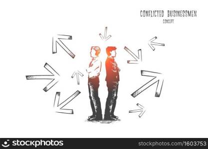 Conflicted businessman concept. Hand drawn conflicted businessmen choosing between directions with arrows around them. Difficult choice and hard decision isolated vector illustration.. Conflicted businessman concept. Hand drawn isolated vector.