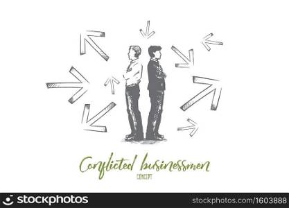 Conflicted businessman concept. Hand drawn conflicted businessmen choosing between directions with arrows around them. Difficult choice and hard decision isolated vector illustration.. Conflicted businessman concept. Hand drawn isolated vector.