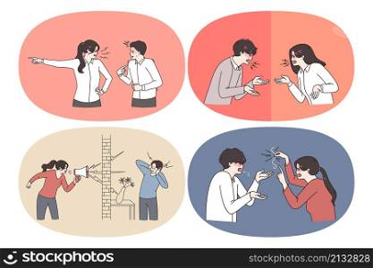 Conflicts in couple Relations concept. Set of young couples swearing shouting at each other having misunderstanding and communication problems vector illustration. Conflicts in couple Relations concept