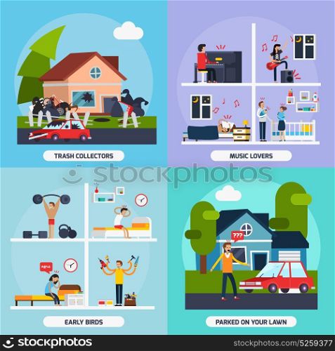 Conflicts With Neighbors Concept Icons Set . Conflicts with neighbors concept icons set with music lovers and trash collectors symbols flat isolated vector illustration