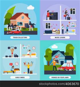 Conflicts with neighbors concept icons set with music lovers and trash collectors symbols flat isolated vector illustration . Conflicts With Neighbors Concept Icons Set