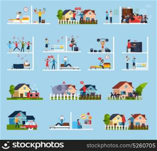 Conflicts With Neighbors Icons Set . Conflicts with neighbors icons set with noise symbols flat isolated vector illustration