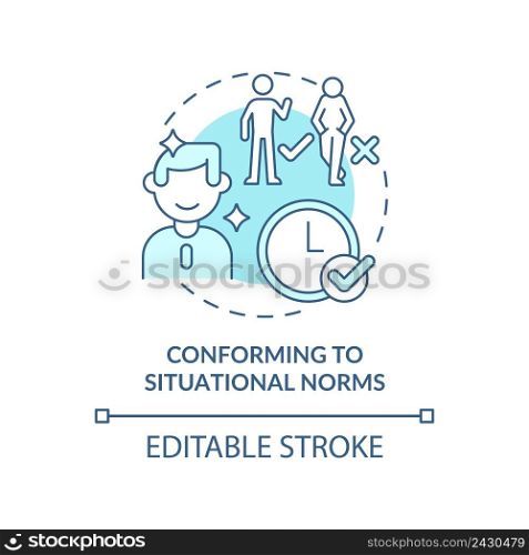 Conforming to situational norms turquoise concept icon. Impression management abstract idea thin line illustration. Isolated outline drawing. Editable stroke. Arial, Myriad Pro-Bold fonts used. Conforming to situational norms turquoise concept icon