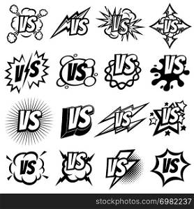 Confrontation versus vector signs. Vs opposite isolated logo set. Illustration of duel vs sign, opposition symbol of set. Confrontation versus vector signs. Vs opposite isolated logo set