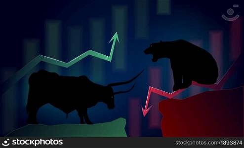 Confronting bullish trend versus bearish trend with up and down arrows on dark background. Blurred Japanese candles on background. Vector image.