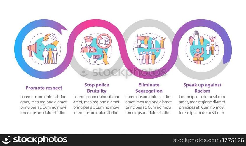 Confronting racism vector infographic template. Stop segregation presentation outline design elements. Data visualization with 4 steps. Process timeline info chart. Workflow layout with line icons. Confronting racism vector infographic template