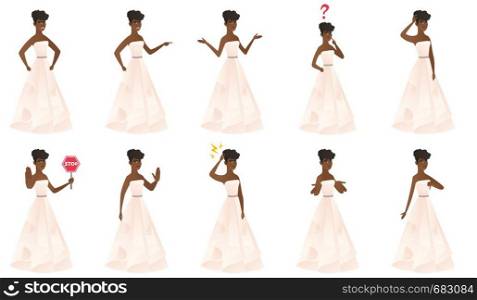 Confused african bride with spread arms. Full length of young confused bride. Confused bride in a white dress shrugging shoulders. Set of vector flat design illustrations isolated on white background.. Vector set of illustrations with bride character.