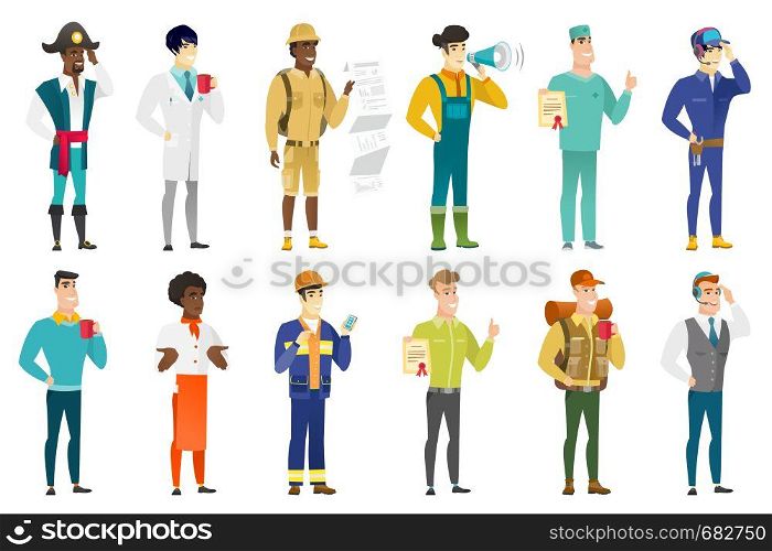 Confused african chief-cooker shrugging shoulders. Full length of doubtful chief-cooker gesturing hands and shrugging shoulders. Set of vector flat design illustrations isolated on white background.. Vector set of professions characters.
