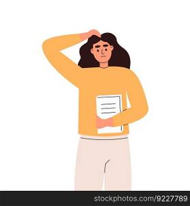 Confused and doubtful young woman scratching her head thinking or making decision. Hold book. Question concept. Flat vector illustration isolated on white background.