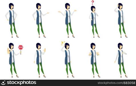 Confused asian business woman shrugging shoulders. Full length of doubtful business woman gesturing hands and shrugging shoulders. Set of vector flat design illustrations isolated on white background.. Vector set of illustrations with business people.