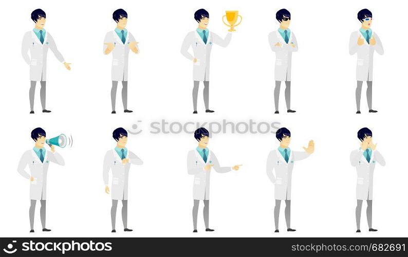 Confused asian doctor in medical gown shrugging shoulders. Full length of doubtful doctor gesturing hands and shrugging shoulders. Set of vector flat design illustrations isolated on white background.. Vector set of illustrations with doctor characters