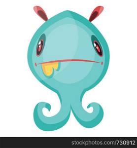 Confused blue ghost monster with pale red ears white background vector illustration.