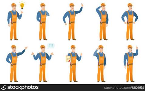Confused builder with spread arms. Full length of confused builder with question marks. Confused builder shrugging shoulders. Set of vector flat design illustrations isolated on white background.. Vector set of builder characters.