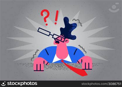 Confused businessman come under table wonder of problems. Unhappy man feel frustrated concerned of troubles odor issues. Frustration and confusion. Flat vector illustration. . Confused distressed businessman come under table