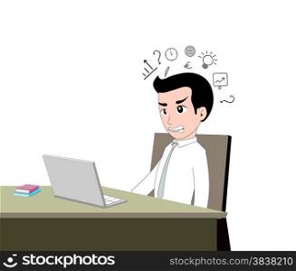 Confused businessman in front of laptop