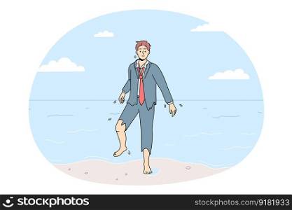 Confused businessman in torn suit walk out of ocean into beach. Frustrated male employee save after crash walk to seashore. Vector illustration.. Confused businessman in torn suit walk out of ocean