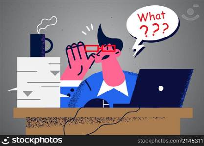 Confused businessman sit at office desk frustrated by workload or deadline. Stressed male employee distressed with multitasking at workplace. Vector illustration, cartoon character. . Businessman multitask work on computer at workplace