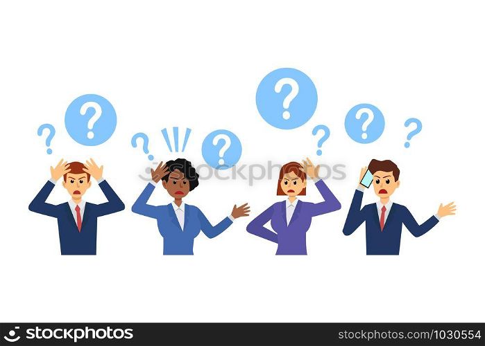 Confused businessman thinking together. People with question marks. man and woman with question. Vector illustration