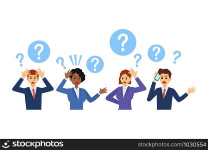 Confused businessman thinking together. People with question marks. man and woman with question. Vector illustration