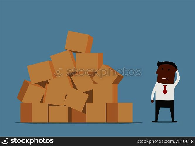 Confused cartoon african american businessman looking at large pile of cardboard boxes and worrying about problems of delivery. Worried businessman and large pile of boxes