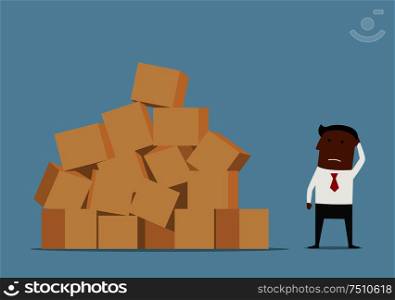 Confused cartoon african american businessman looking at large pile of cardboard boxes and worrying about problems of delivery. Worried businessman and large pile of boxes