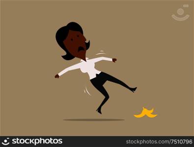 Confused cartoon african american businesswoman slipped on a banana peel. Accident or business failure themes design. Businesswoman slipped on a banana peel