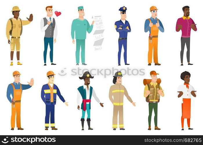 Confused caucasian traveler shrugging his shoulders. Full length of doubtful traveler gesturing hands and shrugging his shoulders. Set of vector flat design illustrations isolated on white background.. Vector set of professions characters.
