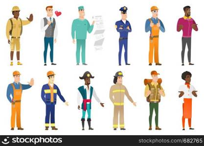 Confused caucasian traveler shrugging his shoulders. Full length of doubtful traveler gesturing hands and shrugging his shoulders. Set of vector flat design illustrations isolated on white background.. Vector set of professions characters.