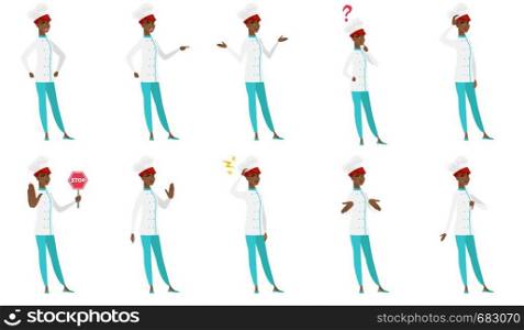 Confused chef cook with spread arms. Full length of african-american confused chef cook. Confused chef cook shrugging shoulders. Set of vector flat design illustrations isolated on white background.. Vector set of chef-cooker characters.