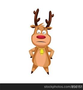 Confused christmas deer with gold bell on the neck vector illustration on a white background