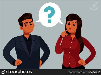 Confused couple. Thoughtful young girl and man. Troubled people thought with question mark. Thinking concept. Confused couple. Thoughtful young girl and man. Troubled people thought with question mark. Thinking vector concept