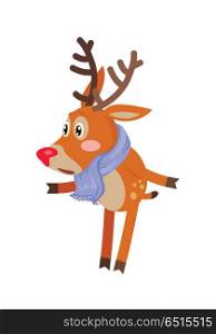 Confused Deer in blue Scarf Isolated on White.. Deer in blue scarf isolated on white. Confused reindeer doesn t know what to do. Christmas deer cartoon illustration in flat style design. Cartoon character mammal icon. Vector illustration